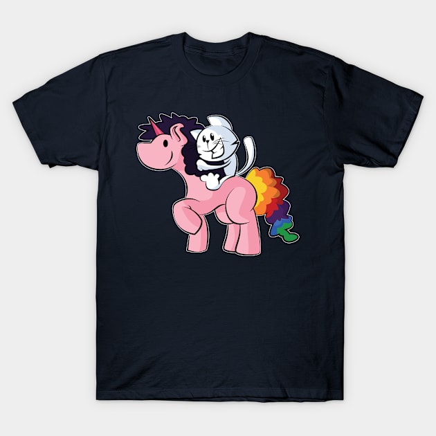 Happy cat on a unicorn riding pink unicorn with rainbow tail T-Shirt by xyarts